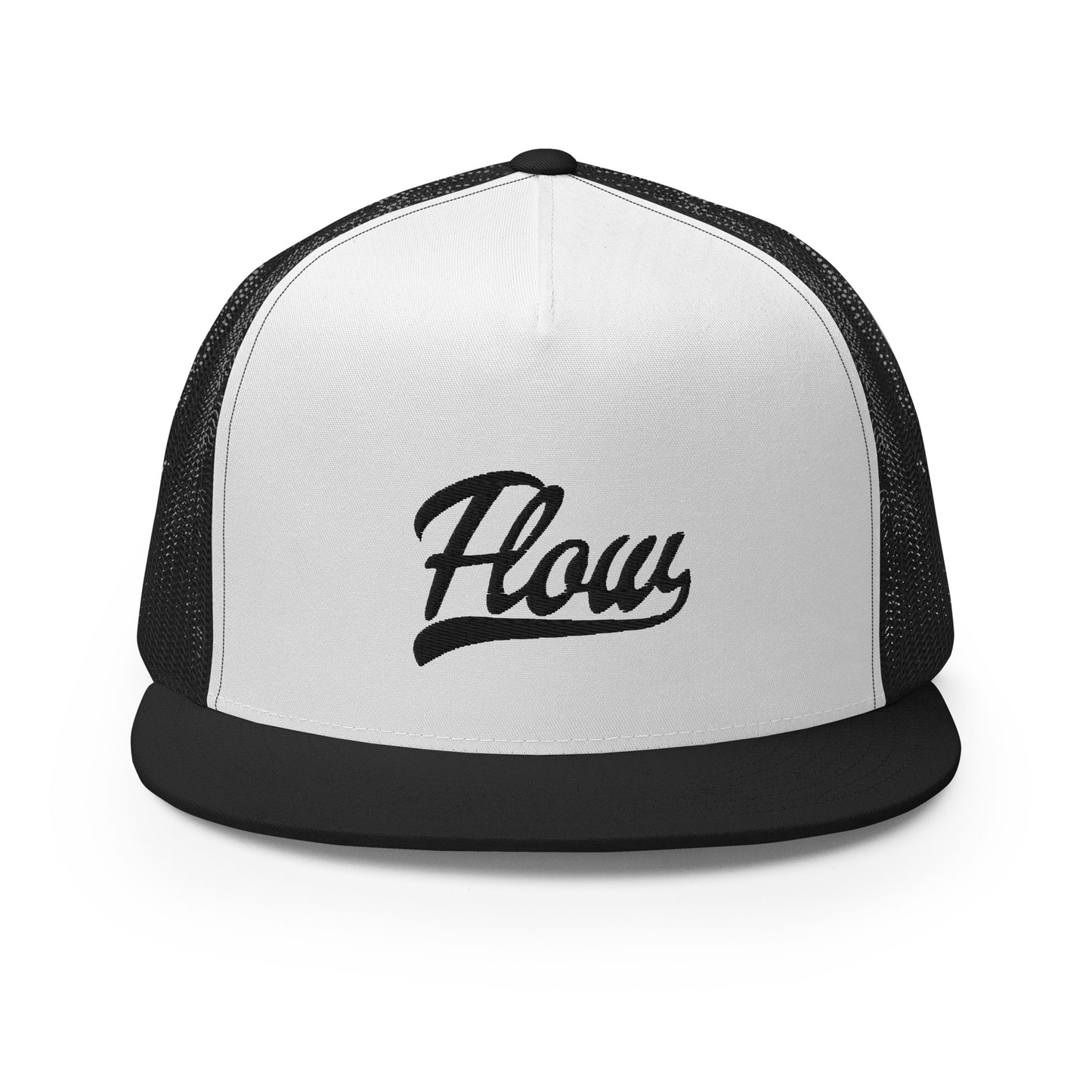 5-panel trucker hat, 4 back panels are black, front panel is white with the word 'Flow' embroidered on it.