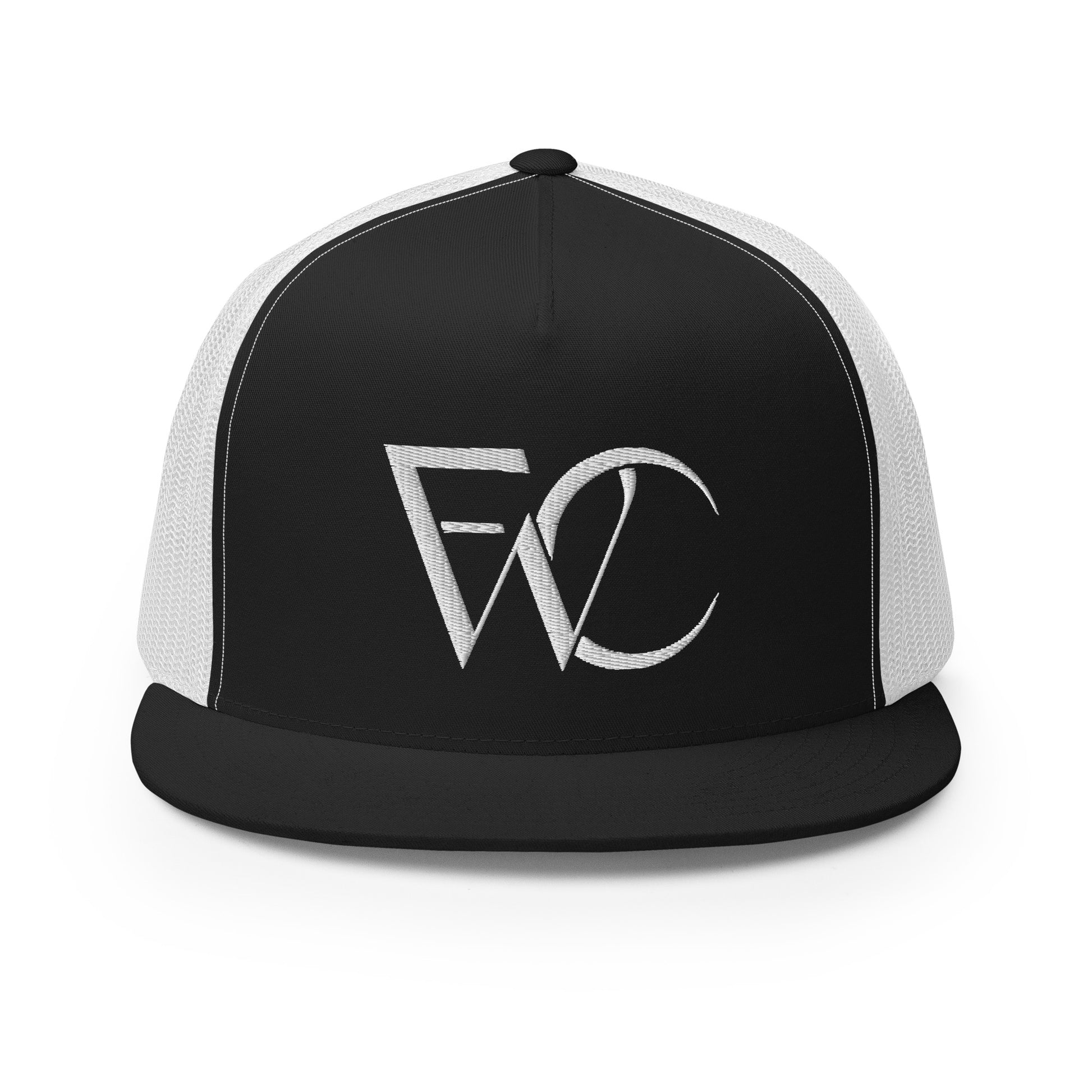 5-panel trucker hat with flat bill, 4 back panels are white, front panel is black with the word the logo mark embroidered on it. logo mark specs out FWC.