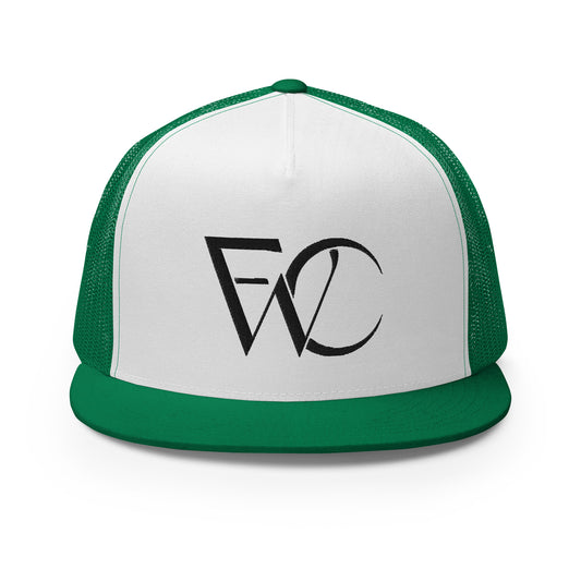 5-panel trucker hat with flat bill, 4 back panels are Kelly green, front panel is white with the word the logo mark embroidered on it. logo mark specs out FWC.
