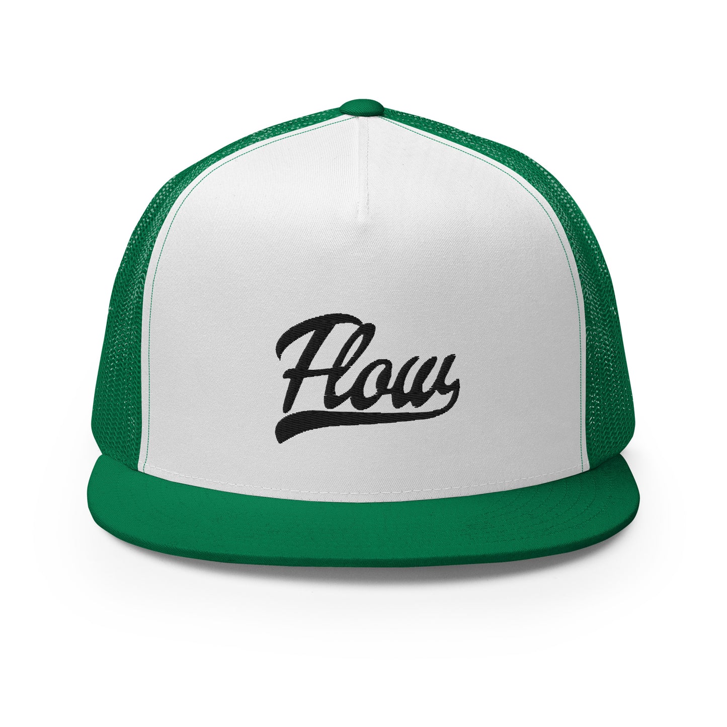 5-panel trucker hat, 4 back panels are kelly green, front panel is white with the word 'Flow' embroidered on it.