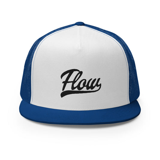 5-panel trucker hat, 4 back panels are royal blue, front panel is white with the word 'Flow' embroidered on it.