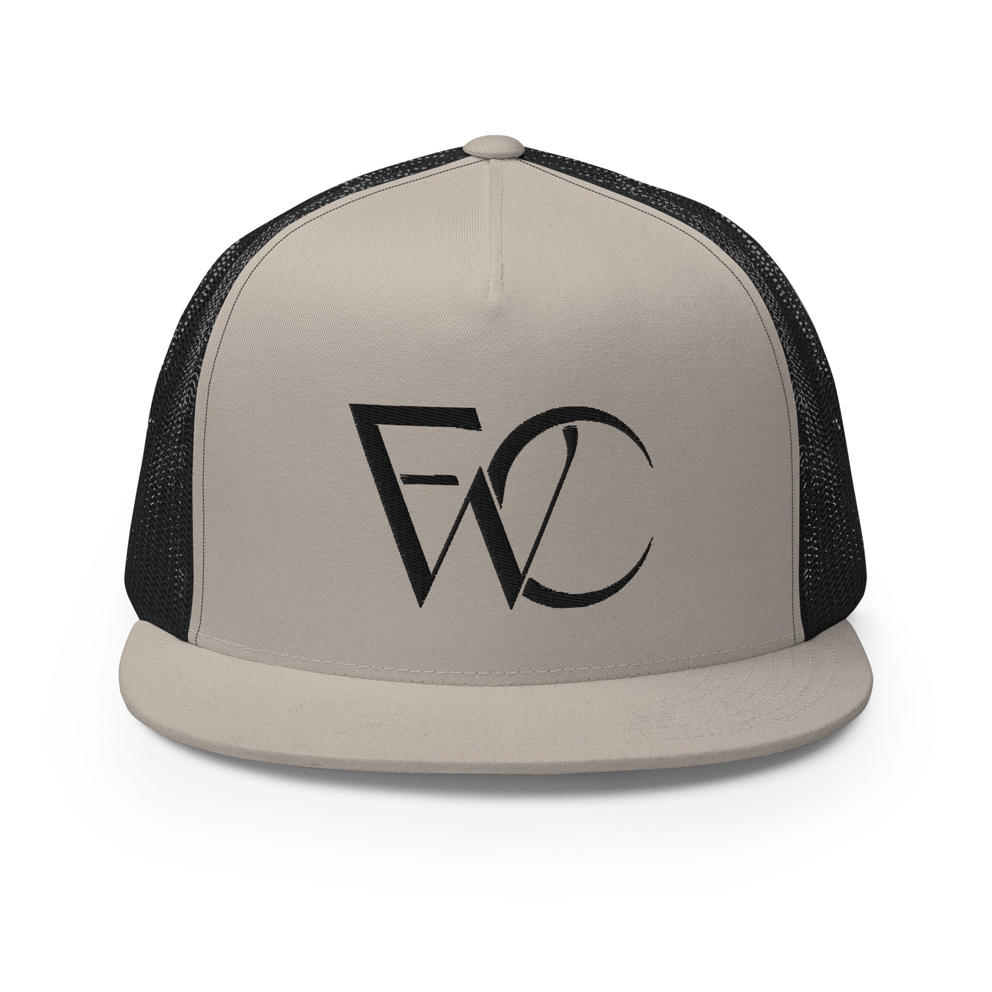 5-panel trucker hat with flat bill, 4 back panels are black, front panel is and bill a silver-tan with the word the logo mark embroidered on it. logo mark specs out FWC.