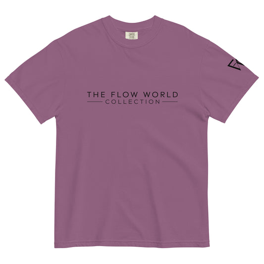berry color short sleeve t-shirt with 'The Flow World Collection' printed across the front chest and our logo mark on the left sleeve.