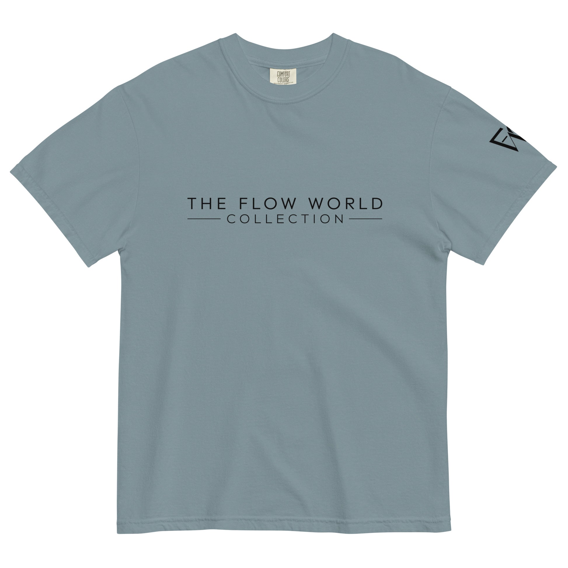ice blue color short sleeve t-shirt with 'The Flow World Collection' printed across the front chest and our logo mark on the left sleeve.
