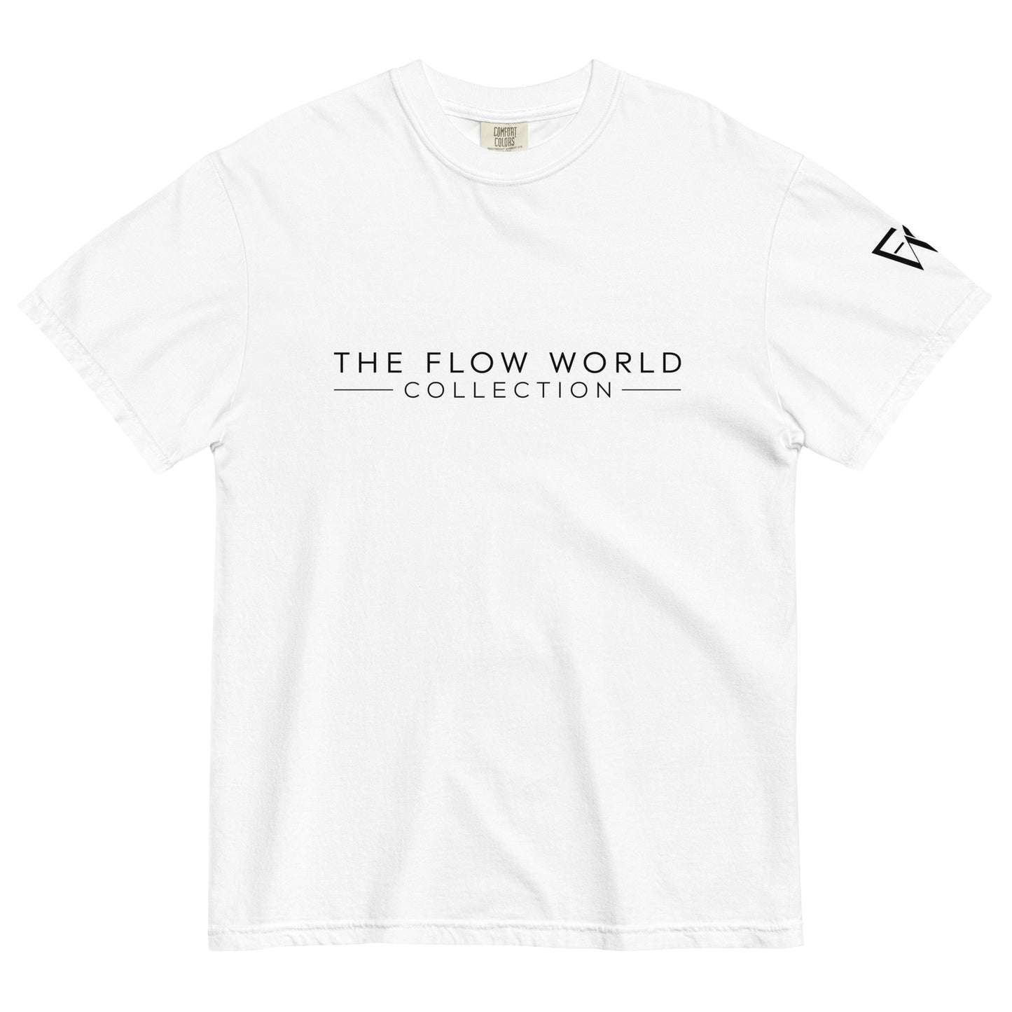 white color short sleeve t-shirt with 'The Flow World Collection' printed across the front chest and our logo mark on the left sleeve.