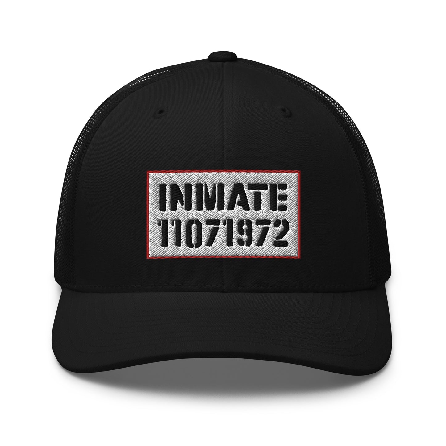 6-panel black cap with the word 'inmate' along with an inmate number embroidered on the front