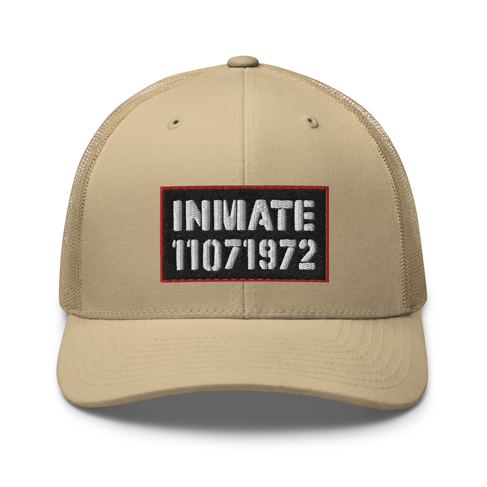 6-panel khaki cap with the word 'inmate' along with an inmate number embroidered on the front