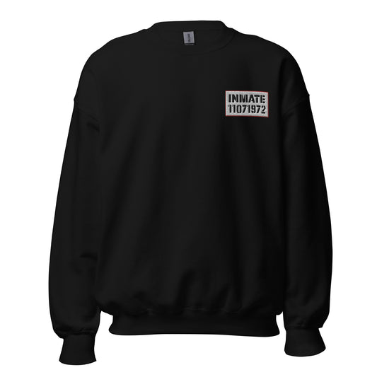 black crewneck sweatshirt with 'Inmate' and an inmate number embroidered on left chest.