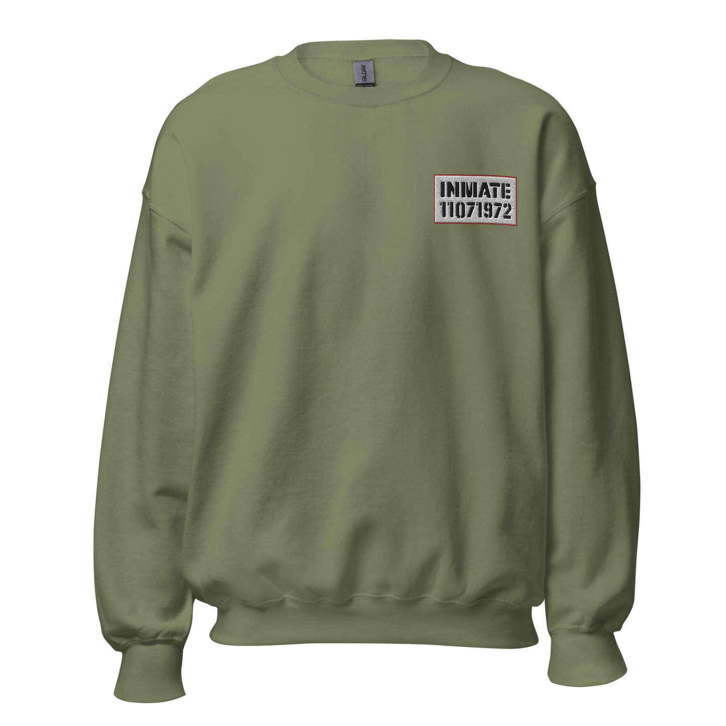 military green crewneck sweatshirt with 'Inmate' and an inmate number embroidered on left chest.