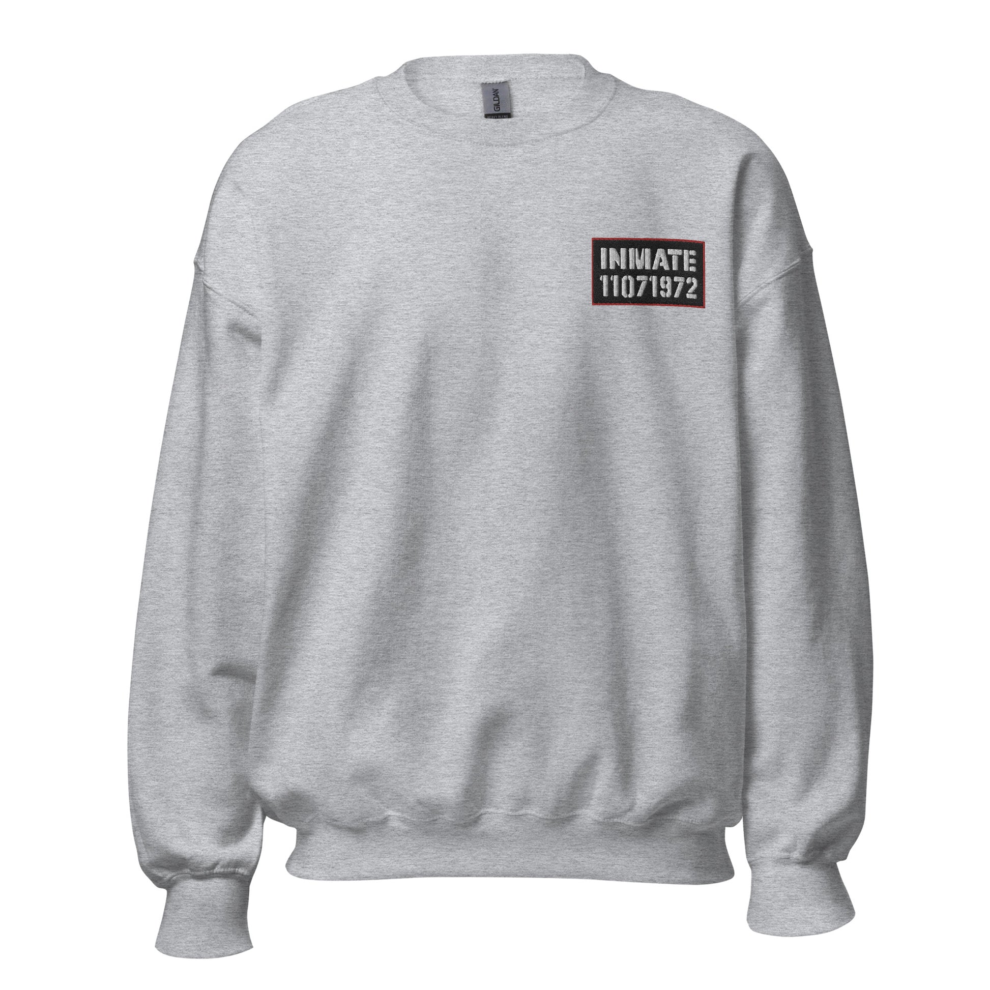 Heather gray crewneck sweatshirt with 'Inmate' and an inmate number embroidered on left chest.