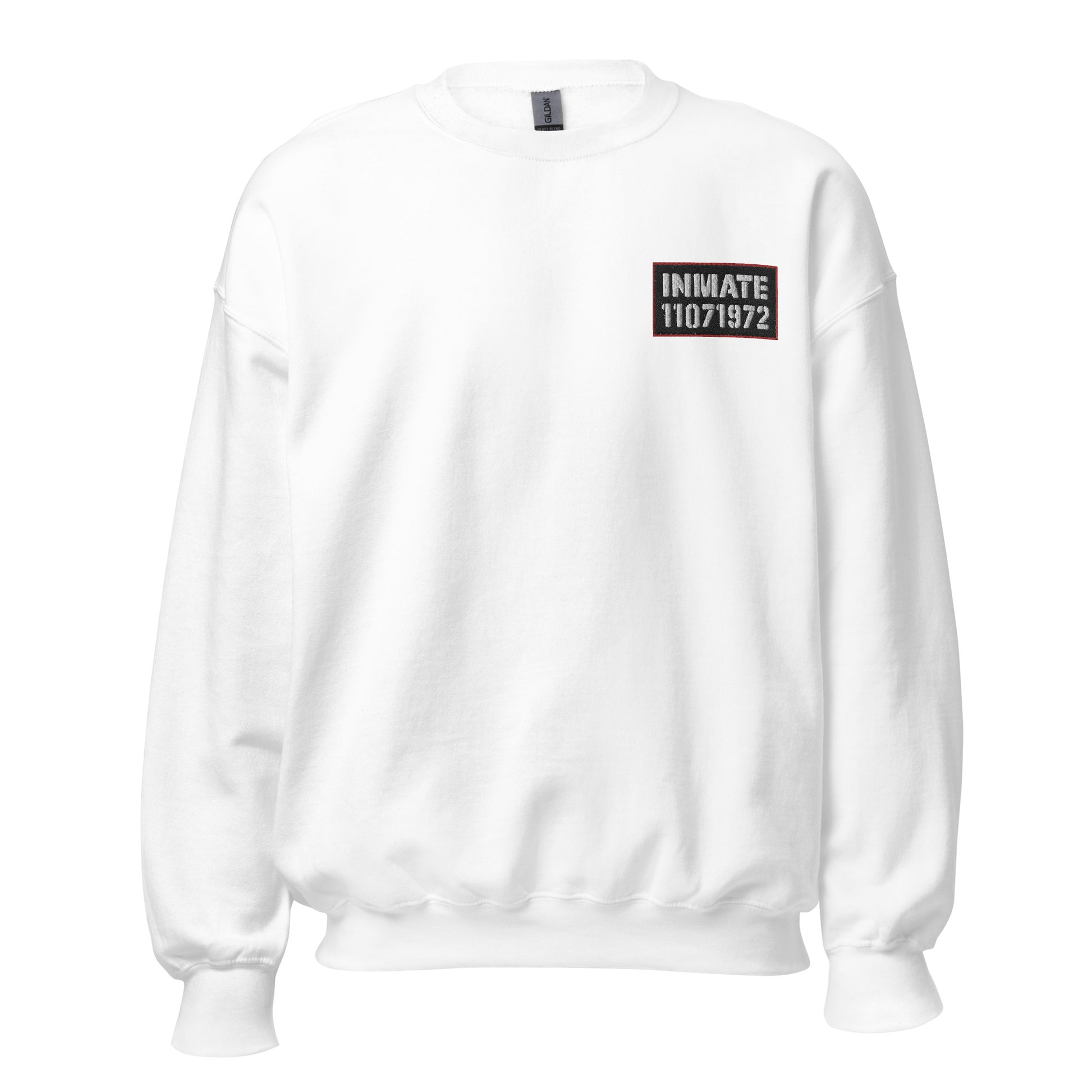 white crewneck sweatshirt with 'Inmate' and an inmate number embroidered on left chest.