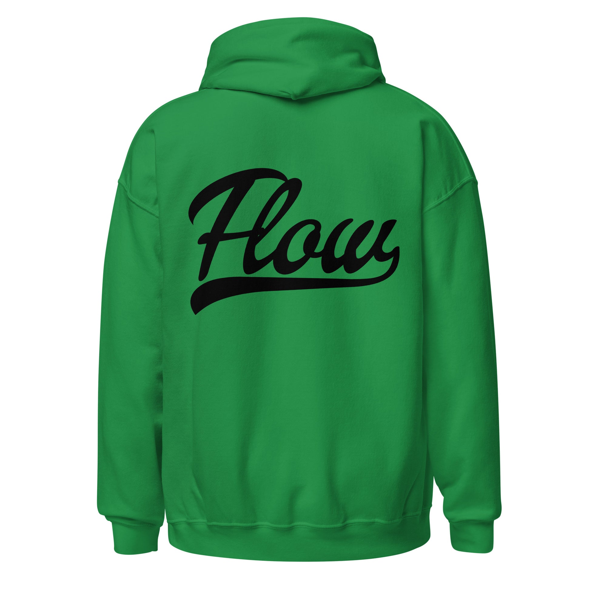 Irish green hoodie with the word 'Flow' on the back and our logo mark on front left chest.