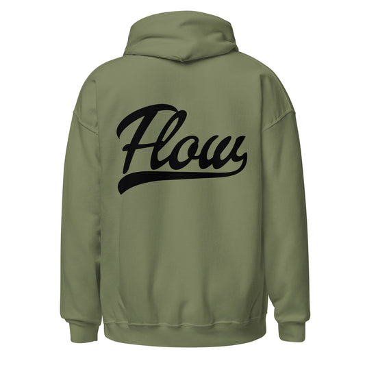 military green hoodie with the word 'Flow' on the back and our logo mark on front left chest.